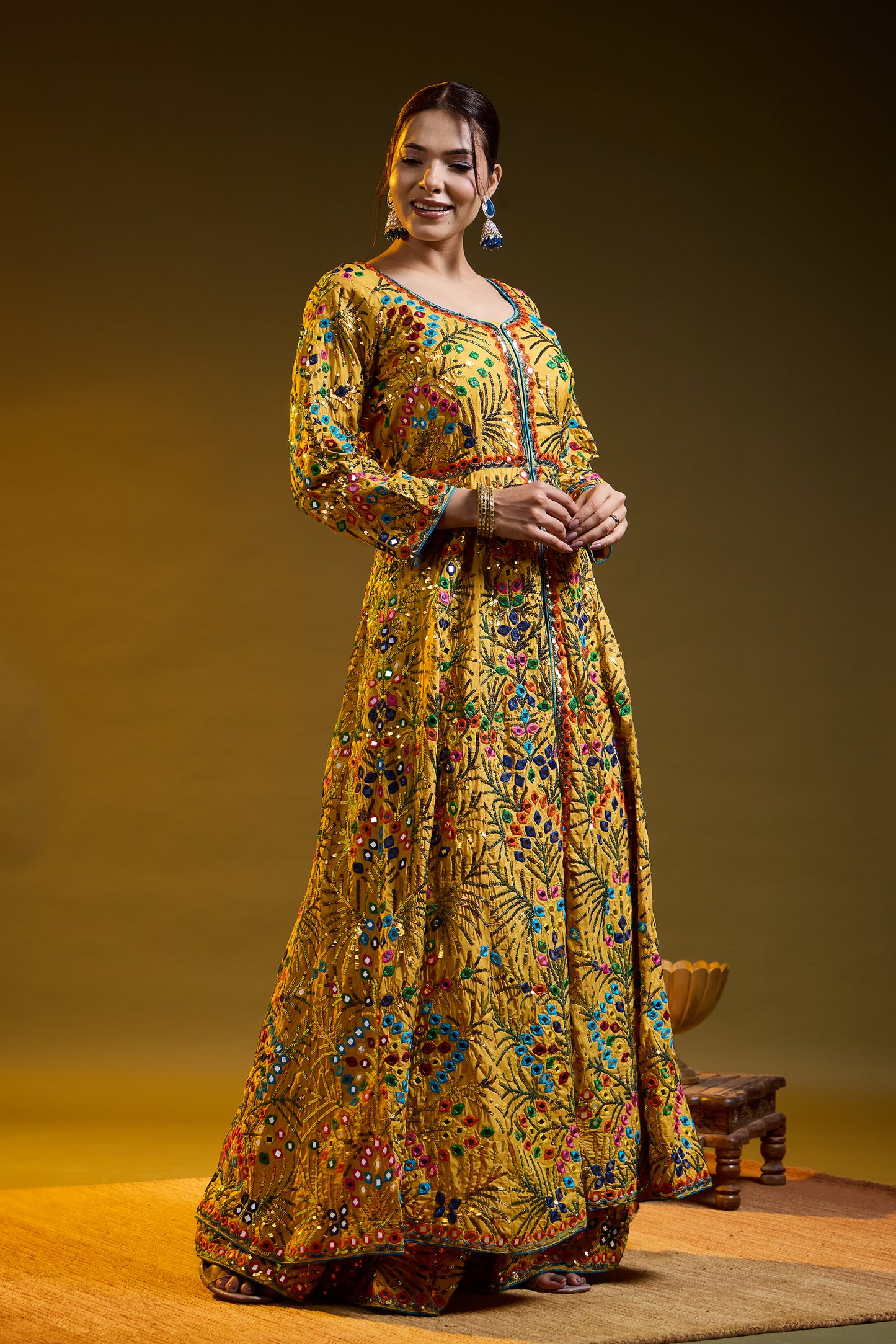 Yellow Lehnga ( With Jacket ) embroided with Thread, Mirror, and Sequence Work