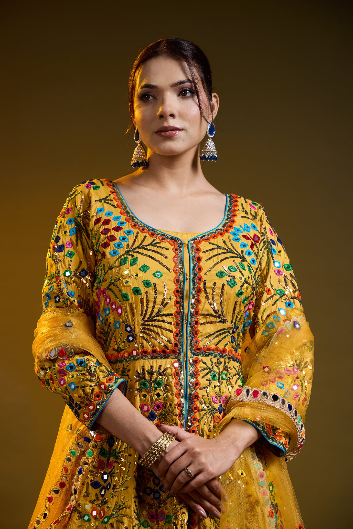 Yellow Lehnga ( With Jacket ) embroided with Thread, Mirror, and Sequence Work