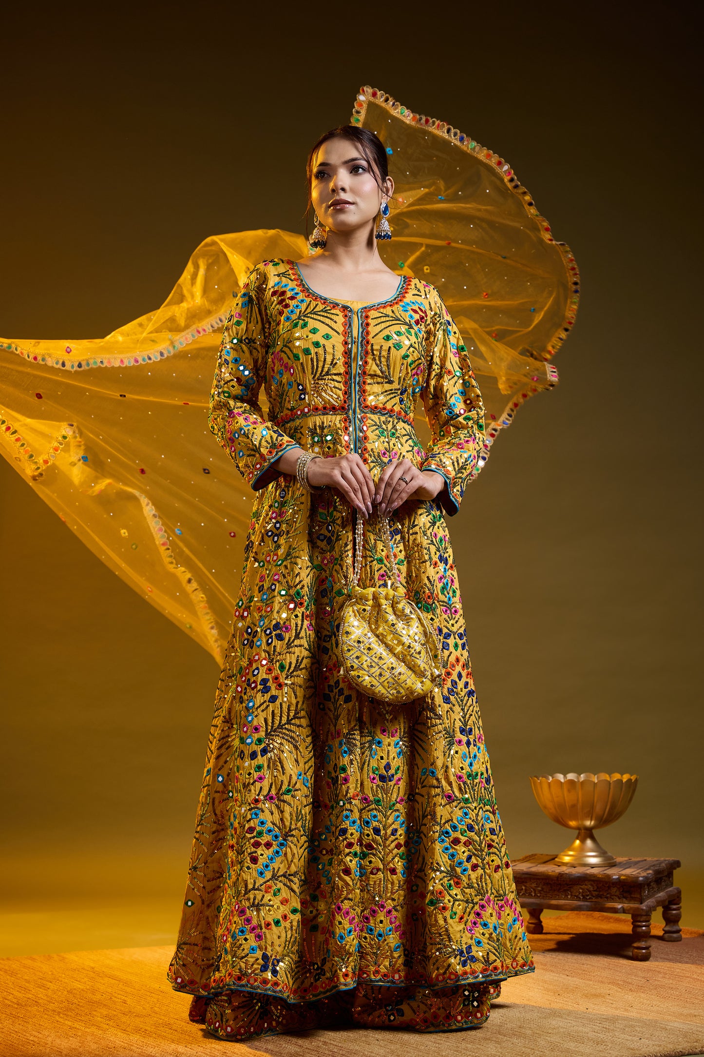 Yellow Lehnga ( With Jacket ) embroided with Thread, Mirror, and Sequence Work