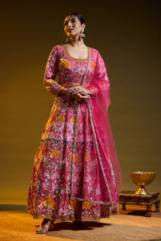 Dark Pink Anarkali with Zardozi, Sippy, Sequin, and Mirror Work