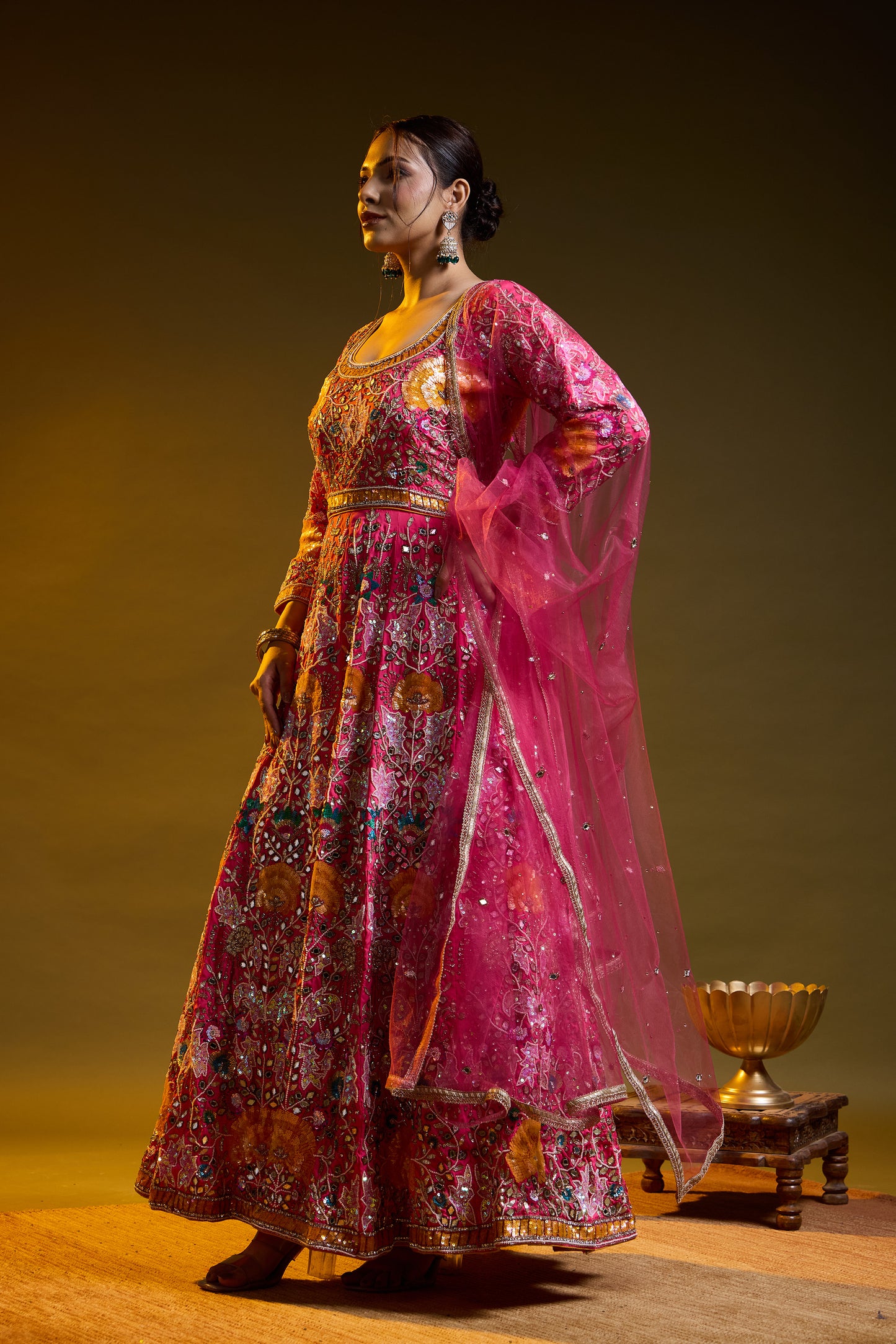 Dark Pink Anarkali with Zardozi, Sippy, Sequin, and Mirror Work