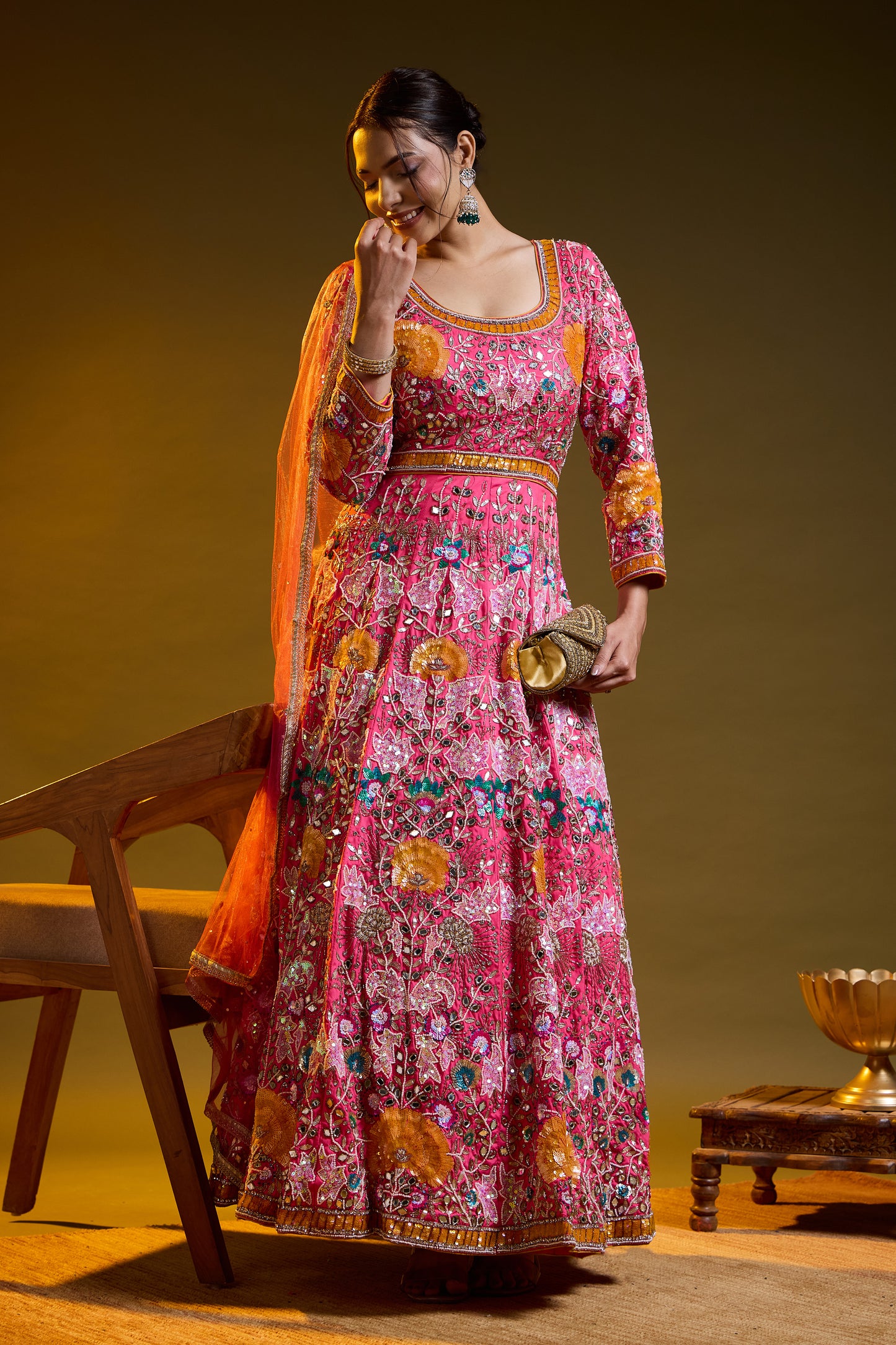 Dark Pink Anarkali with Zardozi, Sippy, Sequin, and Mirror Work
