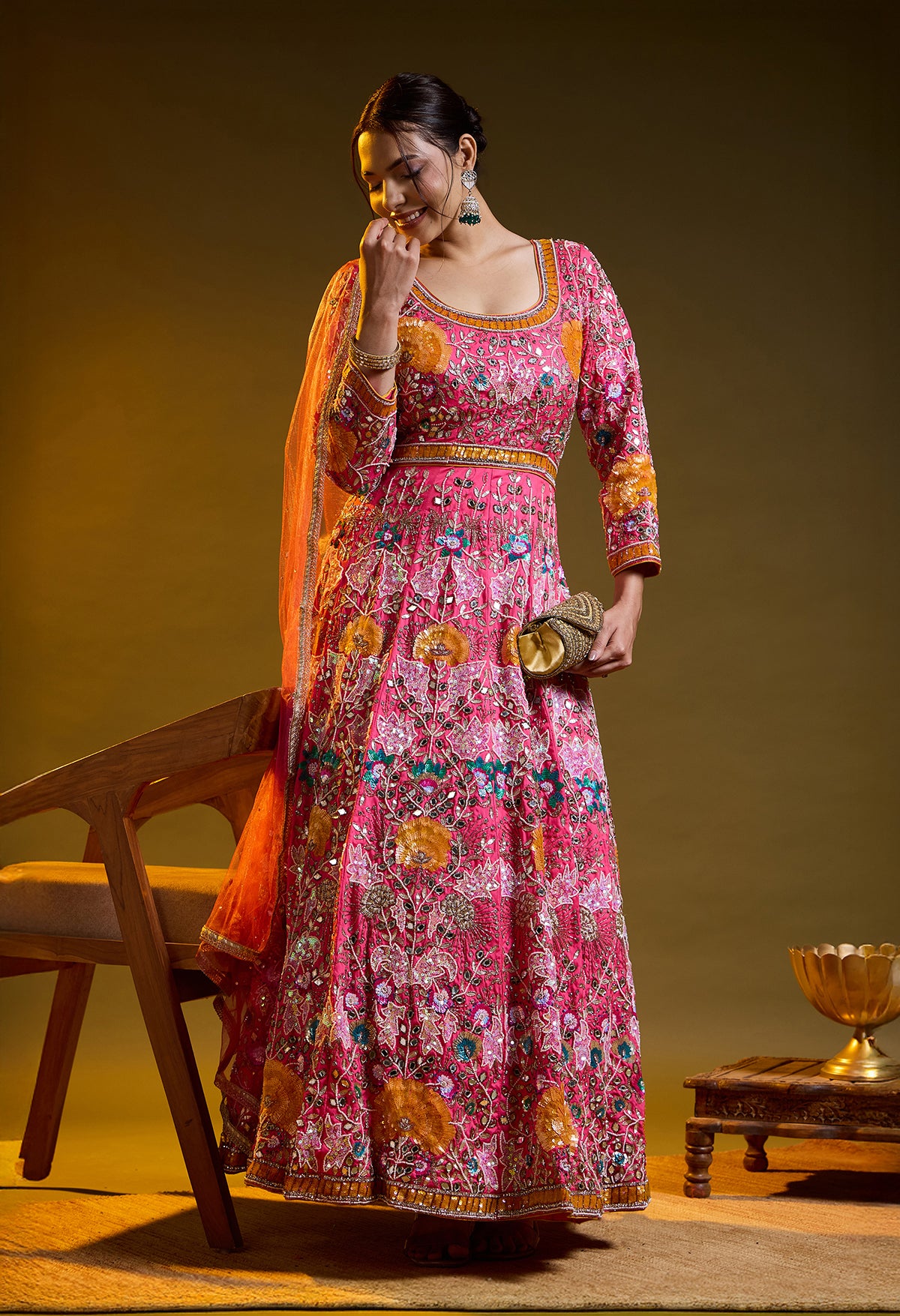 Dark Pink Anarkali with Zardozi, Sippy, Sequin, and Mirror Work