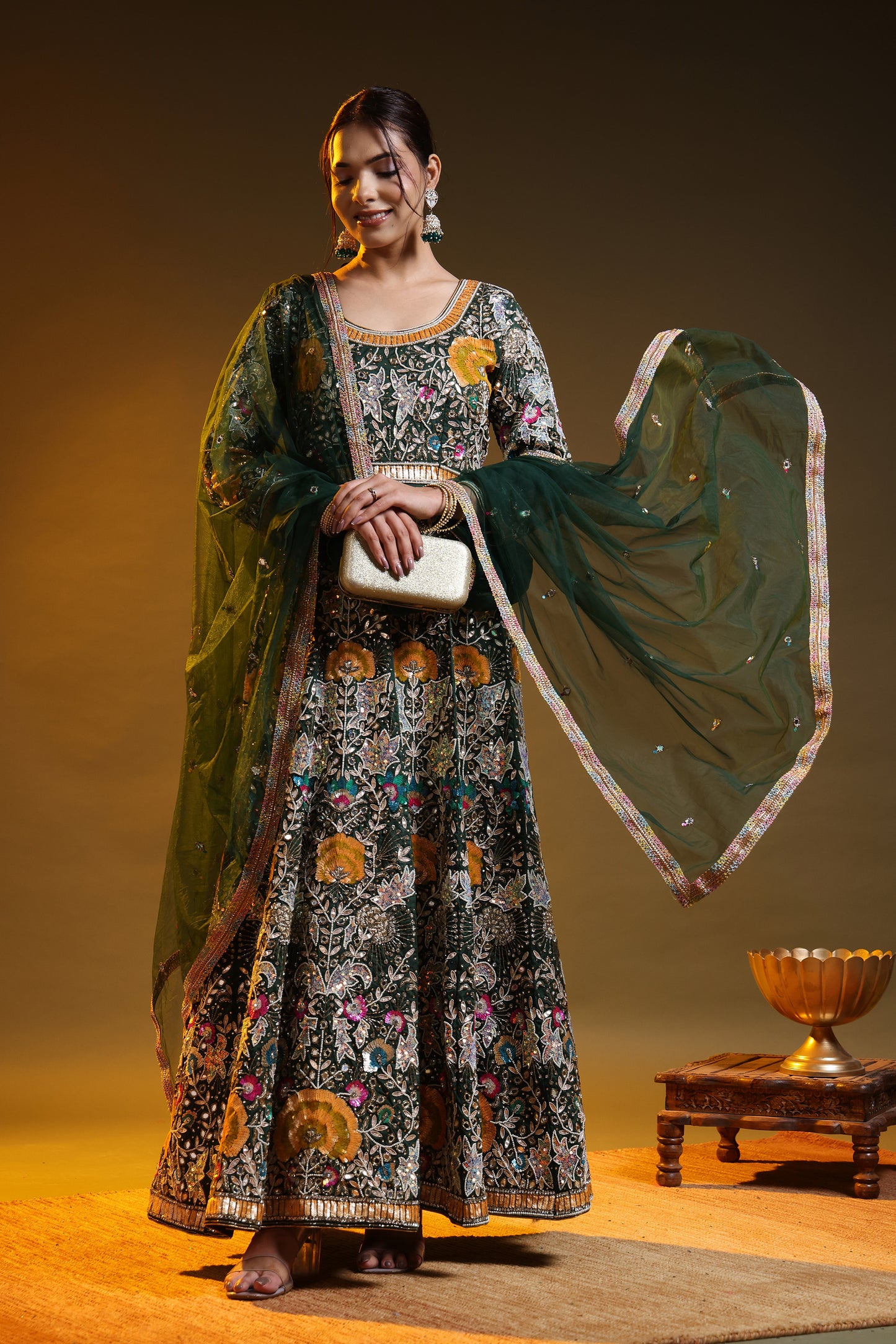 Bottle Green Anarkali with Zardozi, Sippy, Sequin, and Mirror Work