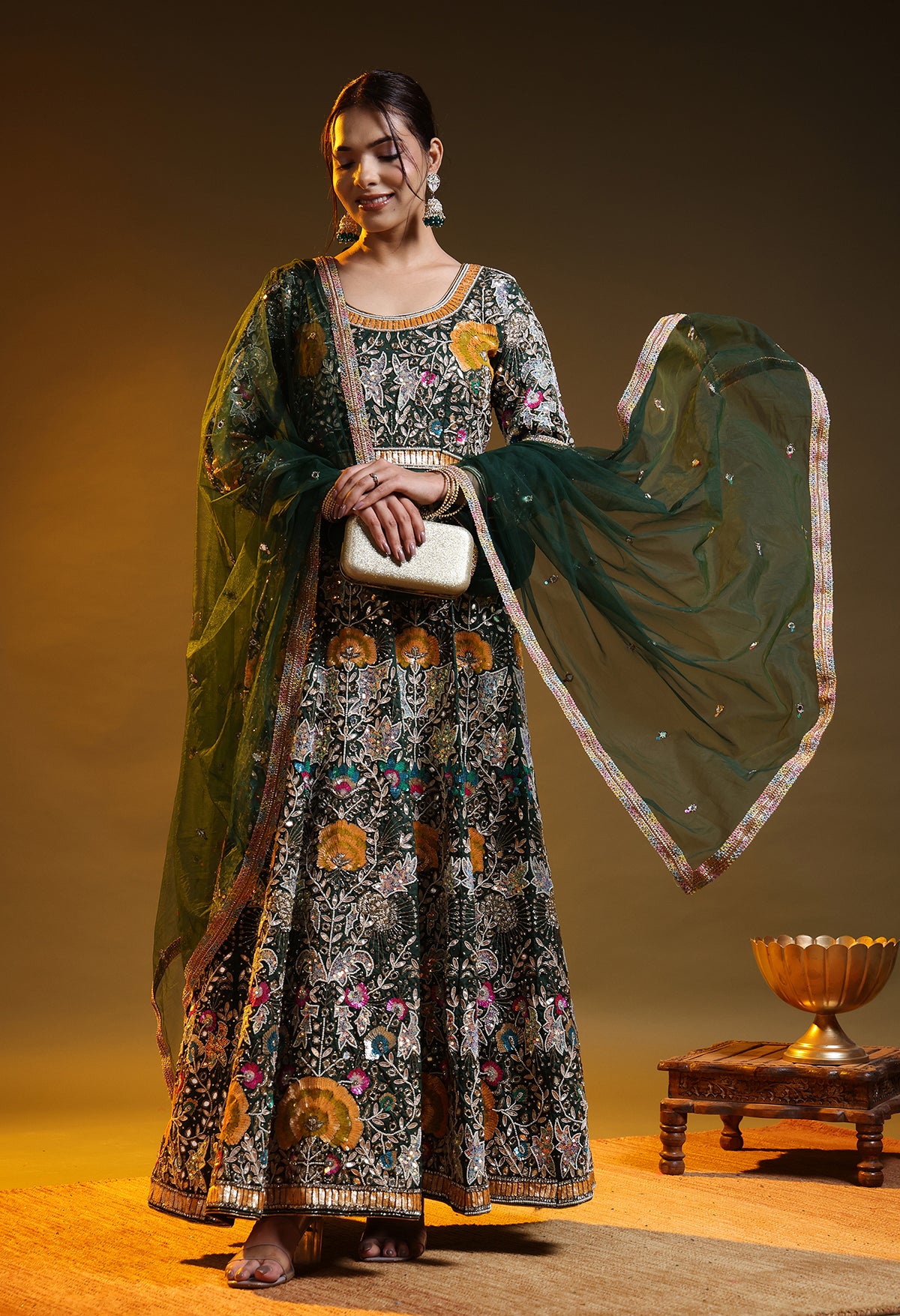 Bottle Green Anarkali with Zardozi, Sippy, Sequin, and Mirror Work