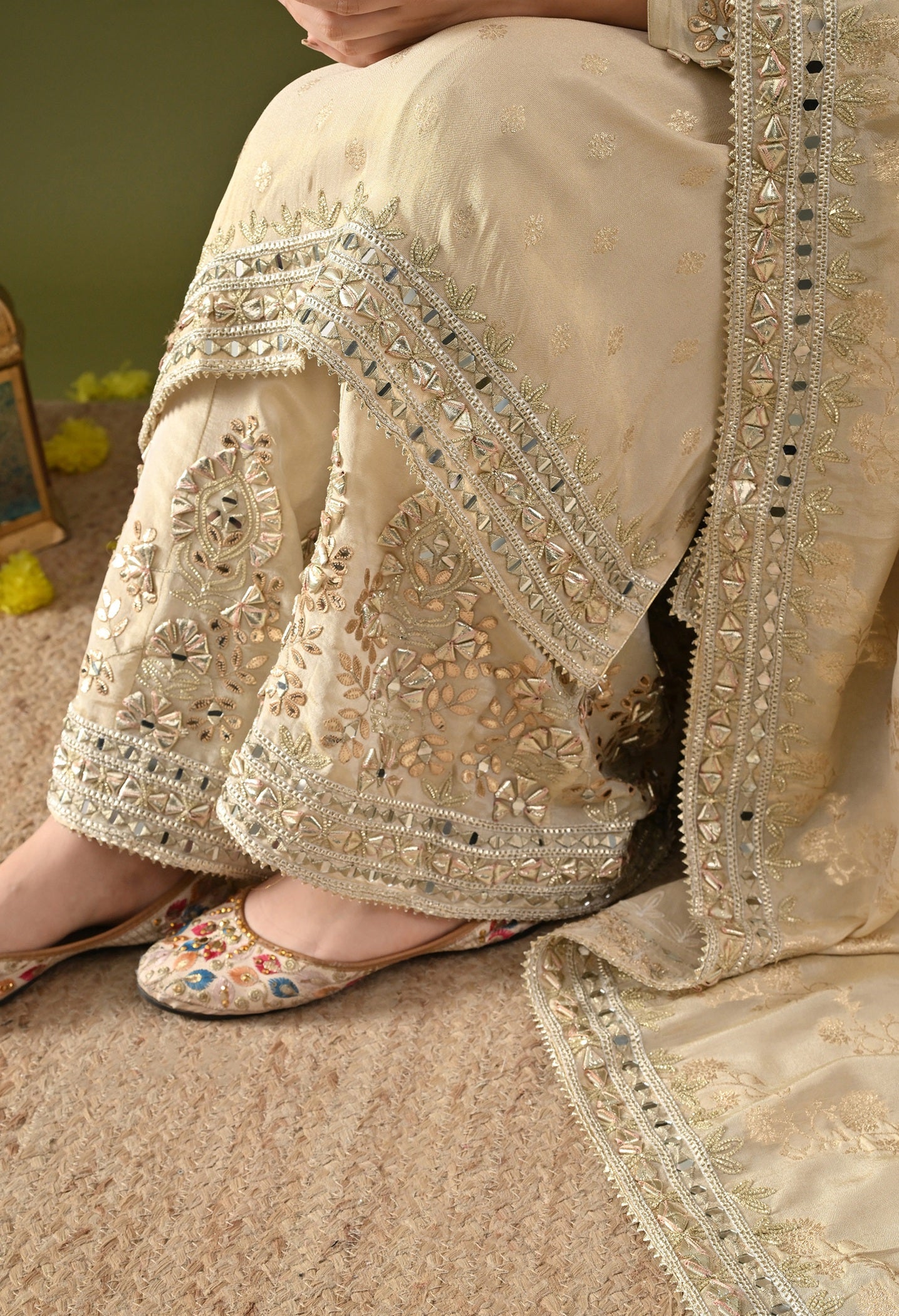 Golden Cream Tissue Silk Gotta–Mirror–Zardozi Sharara Set