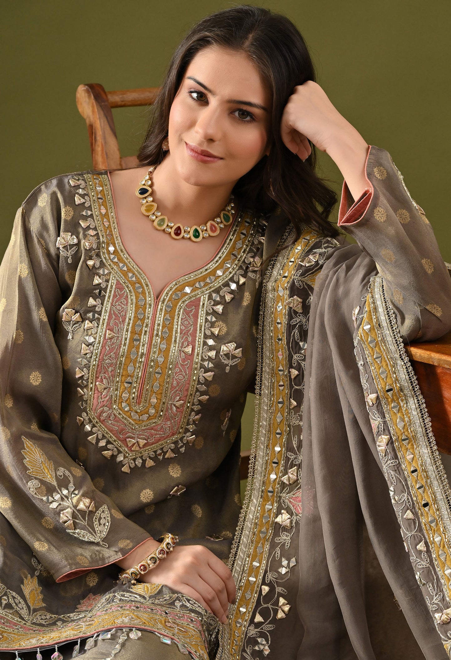Greenish Grey Tissue Silk & Organza Gotta–Applique–Mirror–Zardozi Sharara Set