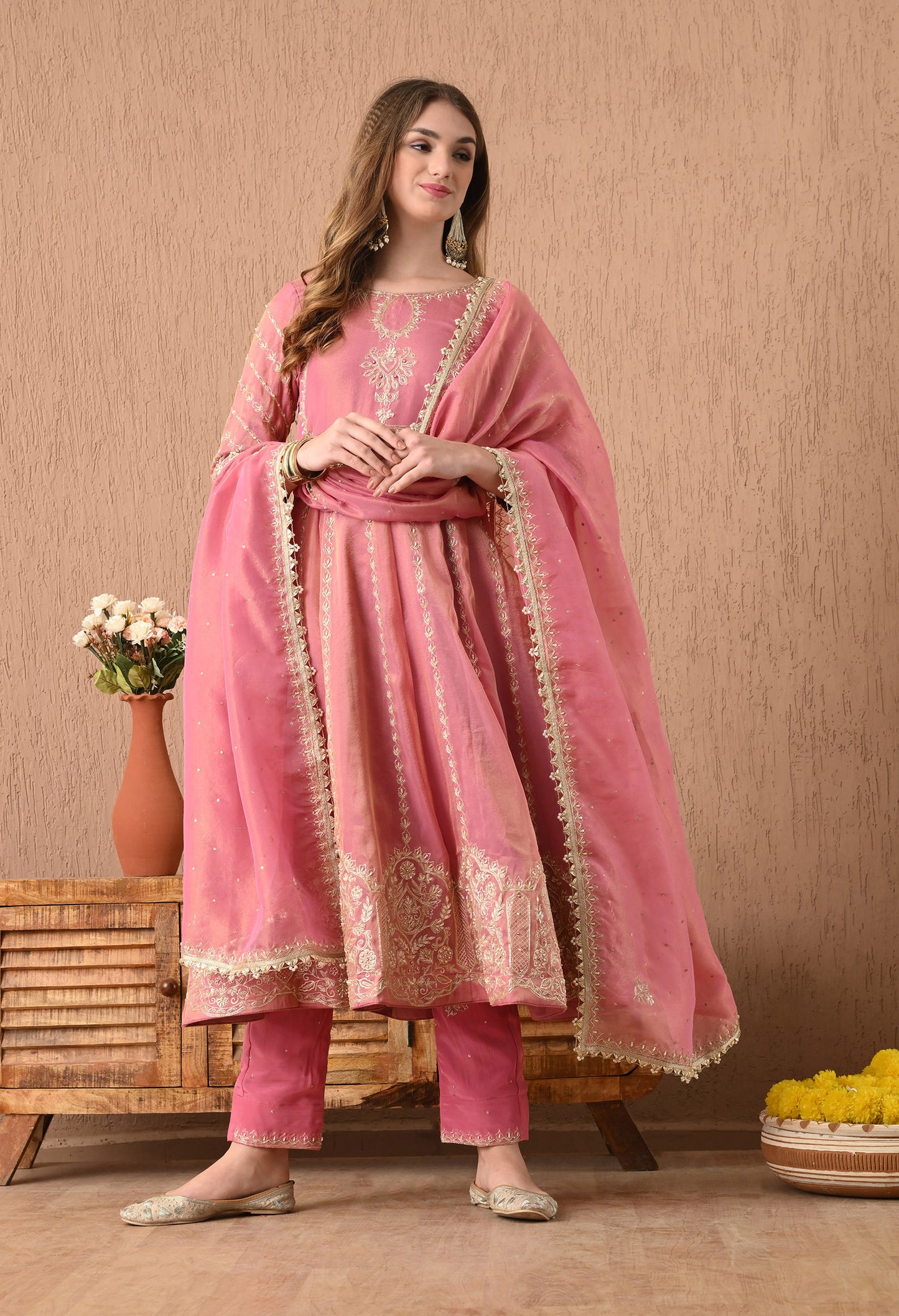Beautiful Pink Anarkali Set with Zardozi, Sequin, and Dabka Work