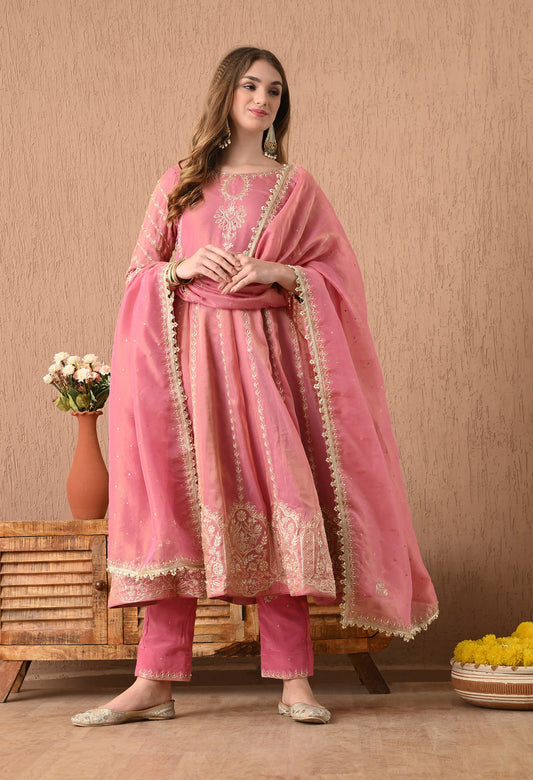 Beautiful Pink Anarkali Set with Zardozi, Sequin, and Dabka Work