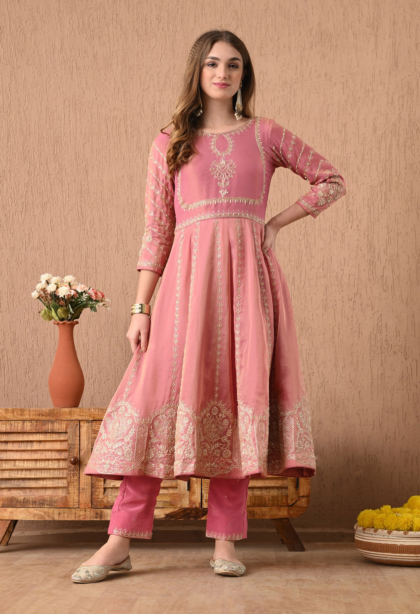 Beautiful Pink Anarkali Set with Zardozi, Sequin, and Dabka Work