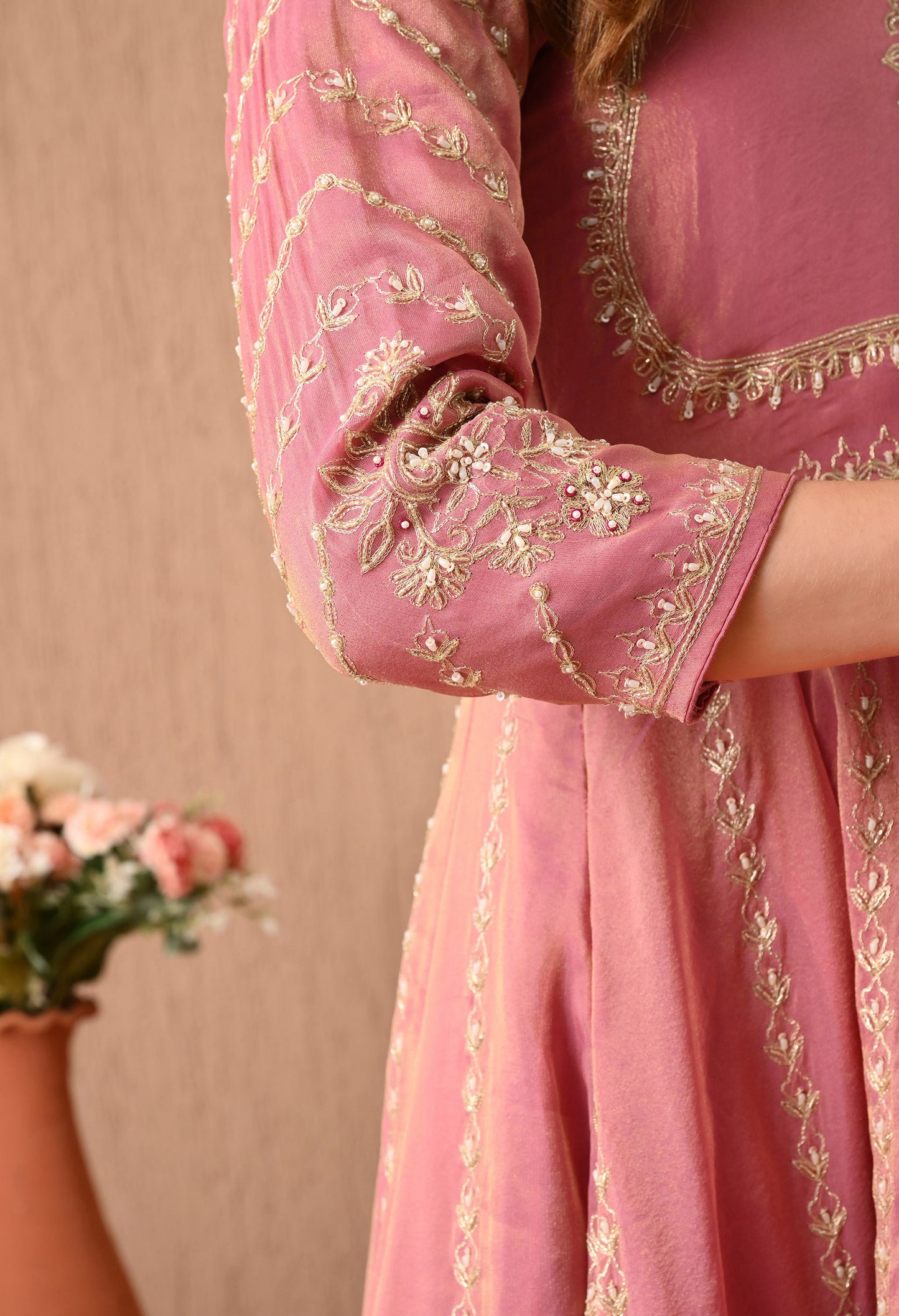 Beautiful Pink Anarkali Set with Zardozi, Sequin, and Dabka Work
