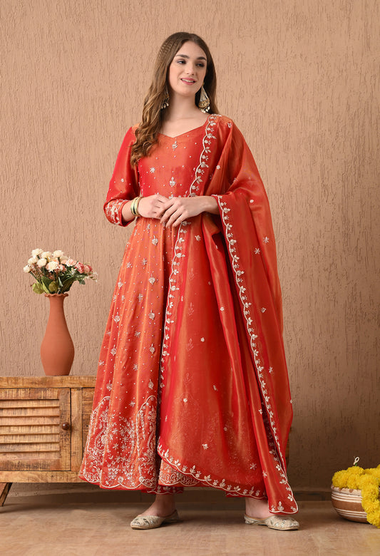 Royal Rust Orange Lehenga Set with Zardozi, Sequin, and Dabka Work