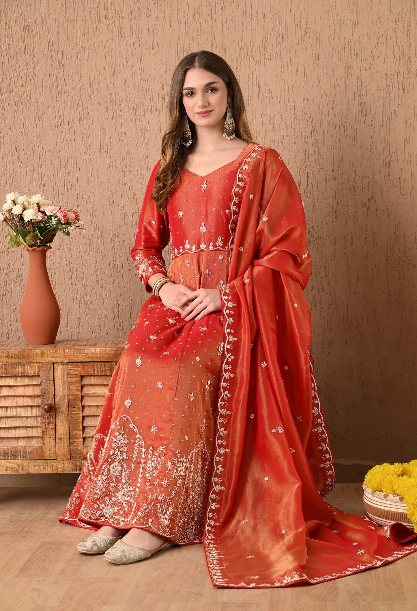 Royal Rust Orange Lehenga Set with Zardozi, Sequin, and Dabka Work
