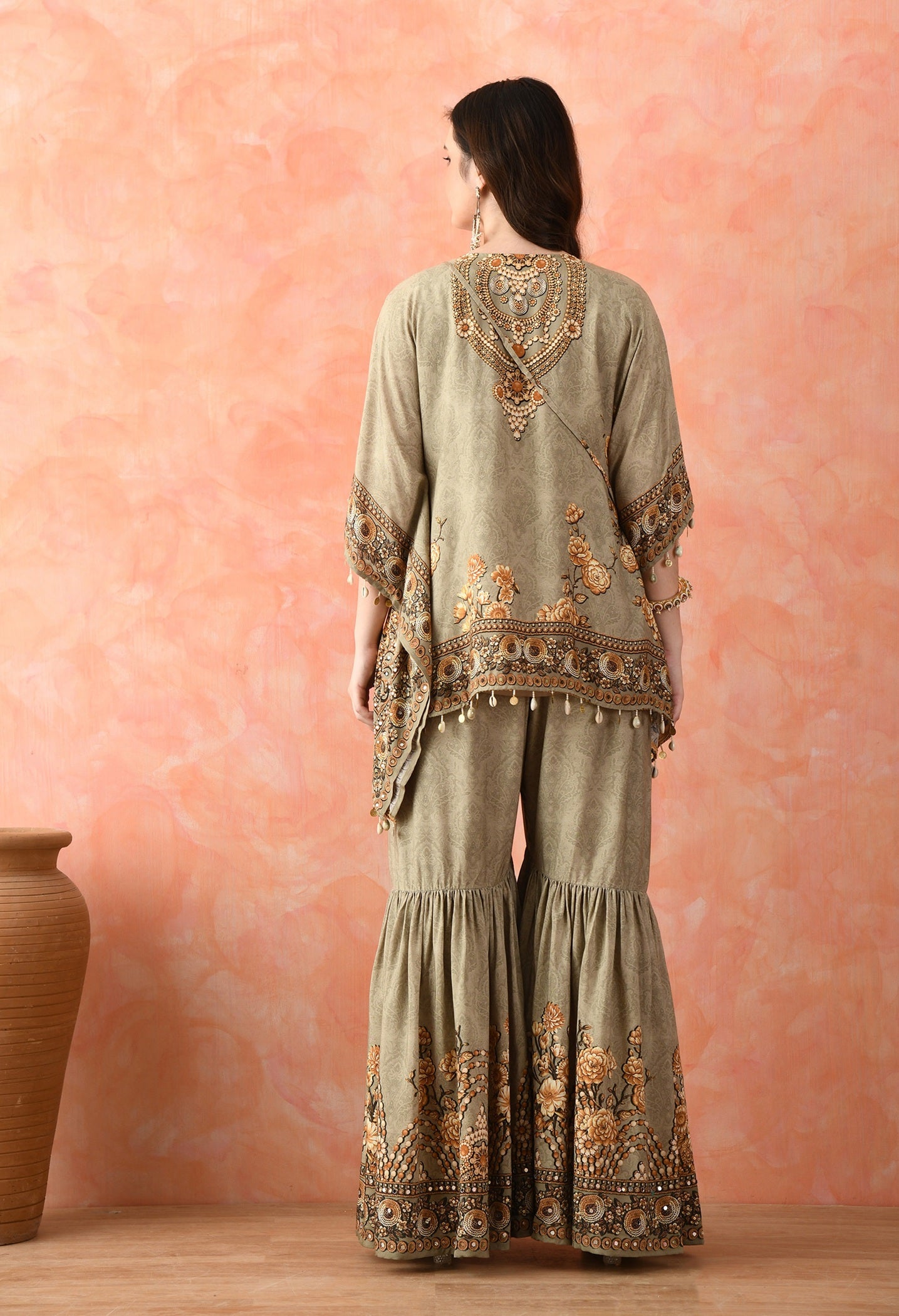 Pista Green Kaftaan Gharara with Mirror Work