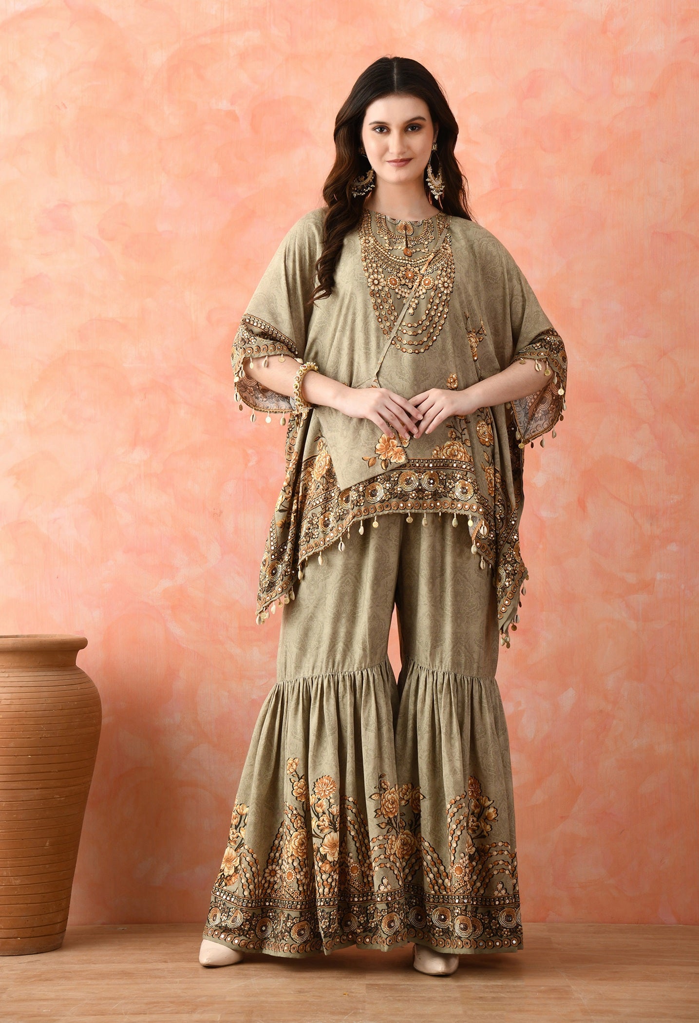 Pista Green Kaftaan Gharara with Mirror Work
