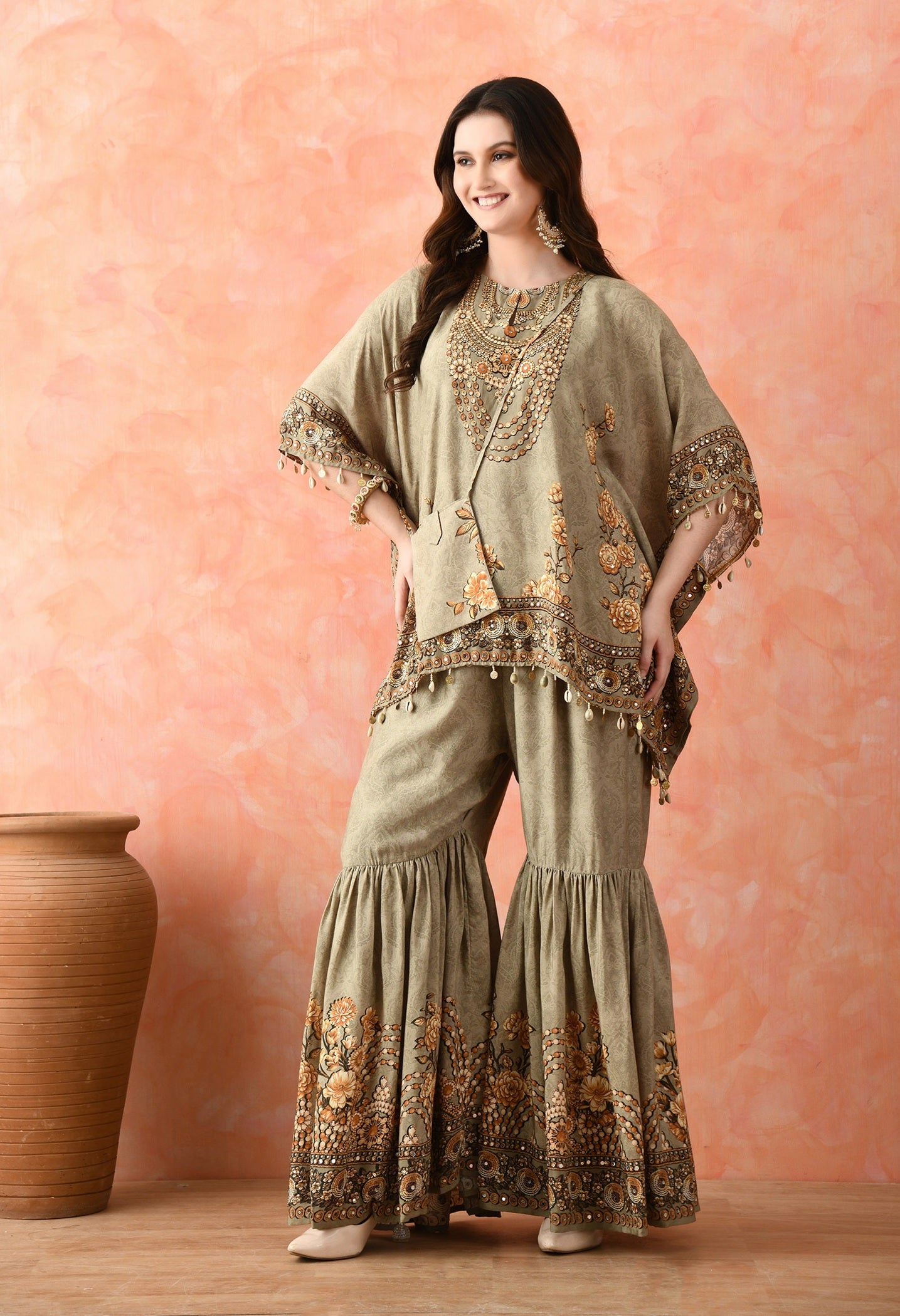 Pista Green Kaftaan Gharara with Mirror Work