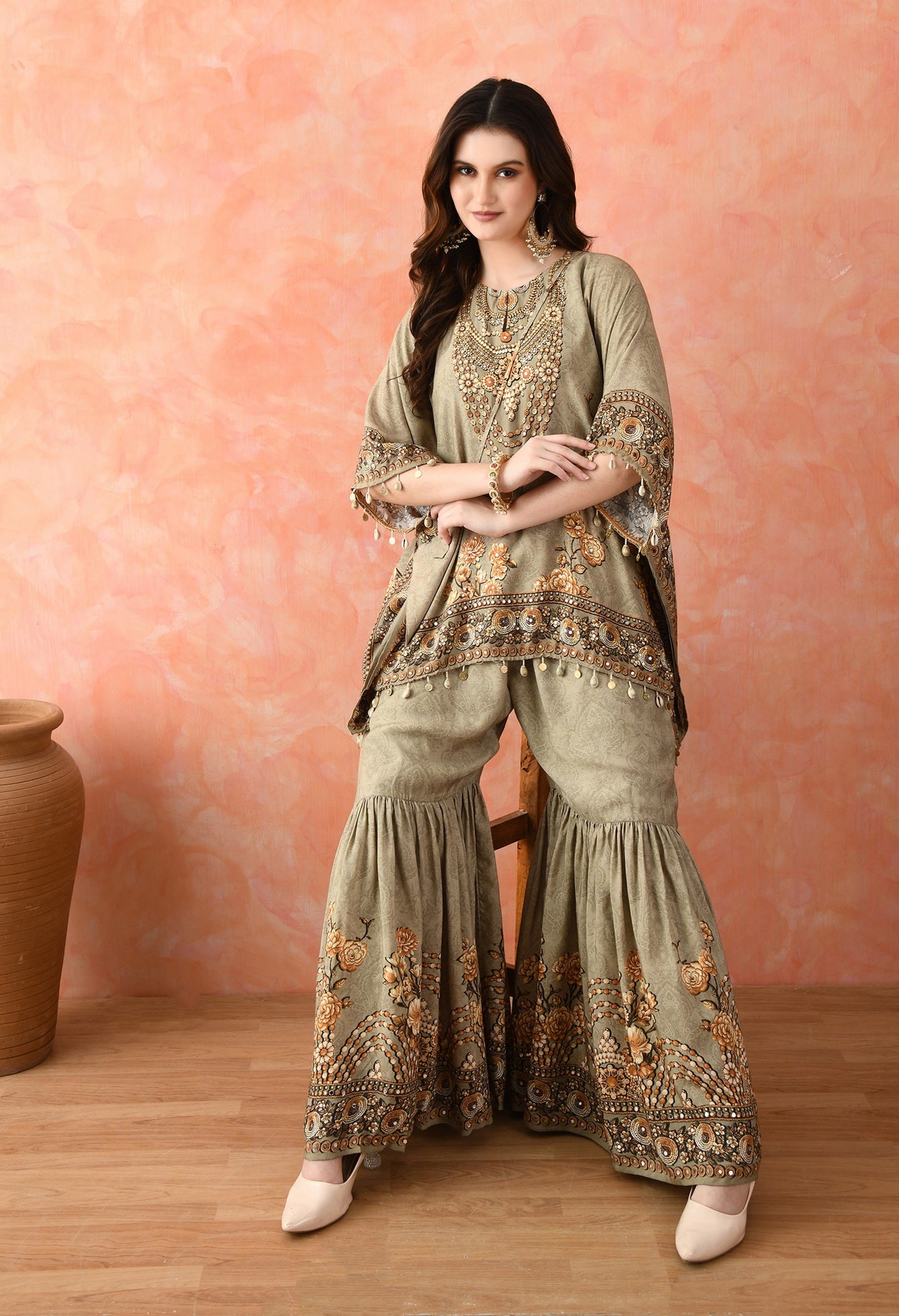 Pista Green Kaftaan Gharara with Mirror Work