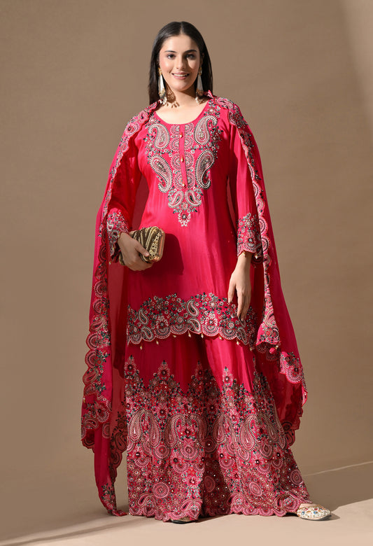 Hot Pink Sharara Set with Mirror & Pearl Work