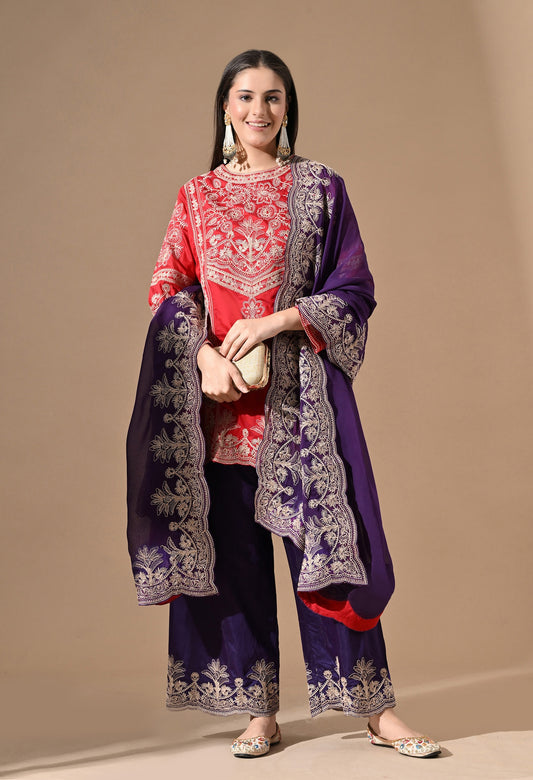Red & Purple Silk Kurta Set with Thread Embroidery