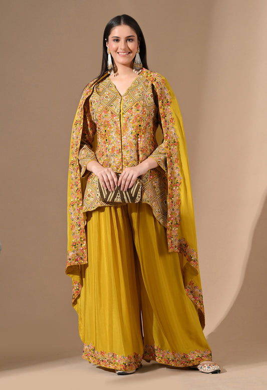 Yellow Chinon Sharara Set with Zardozi & Pearl Work