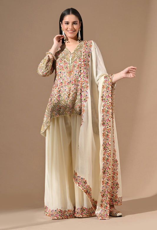 Cream Chinon Sharara Set with Pearl & Zardozi Work