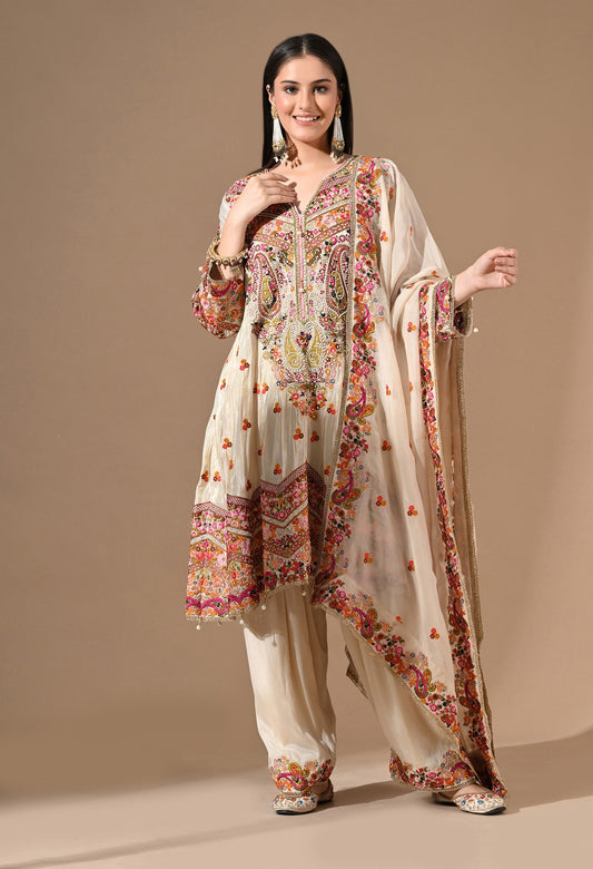 Golden Cream Kurta Set with Farshi Salwar & Zardozi Work