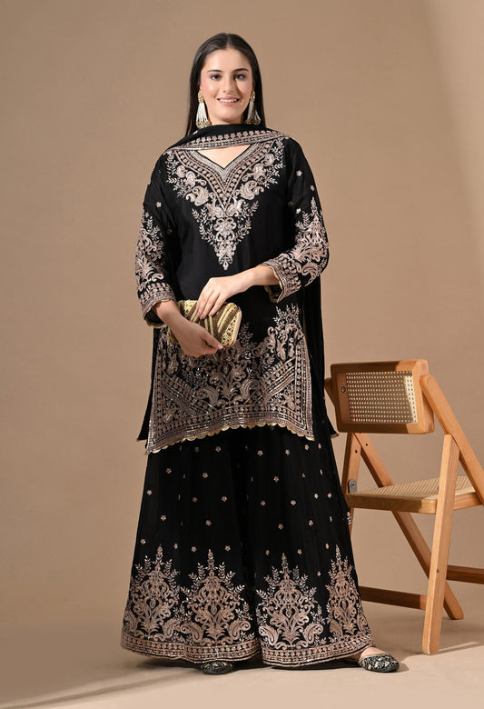 Black Chinon Sharara Set with Zardozi & Mirror Work