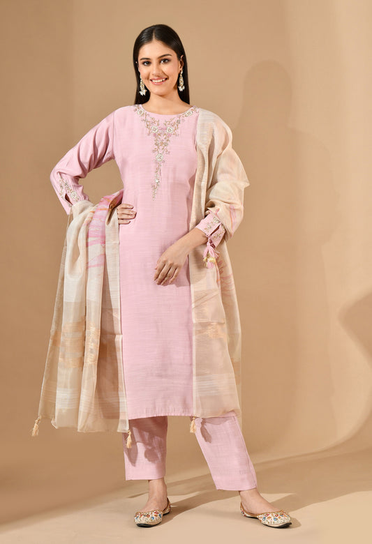 Pink Chanderi Kurta Set with Pearl & Cutdana Work
