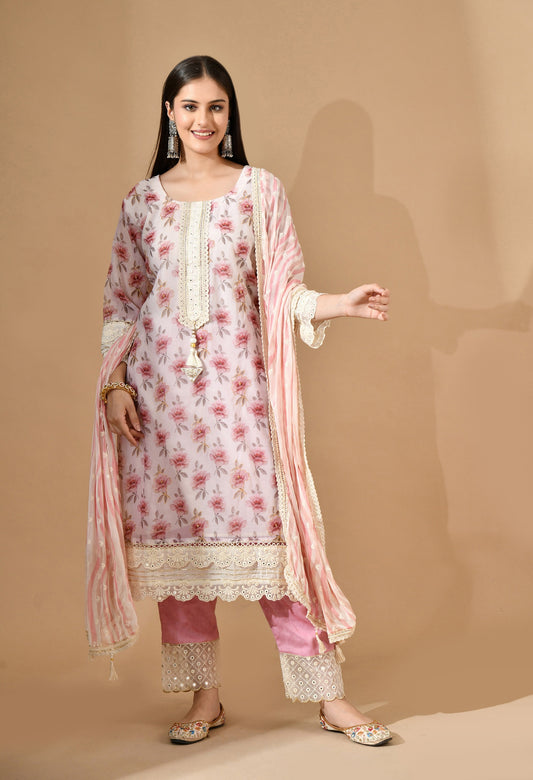 Cream Organza Kurta Set with Mirror & Thread Work