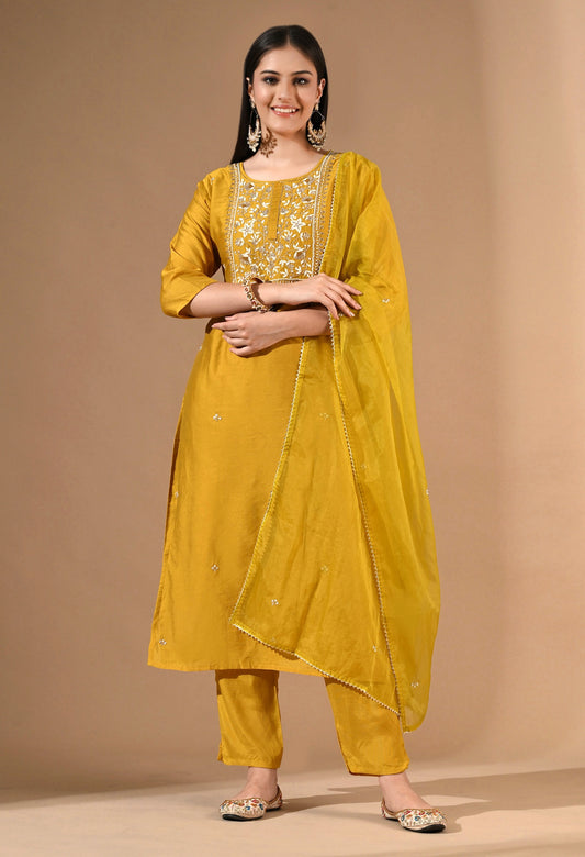 Yellow Chanderi Cotton Kurta Set with Pearl & Thread Work