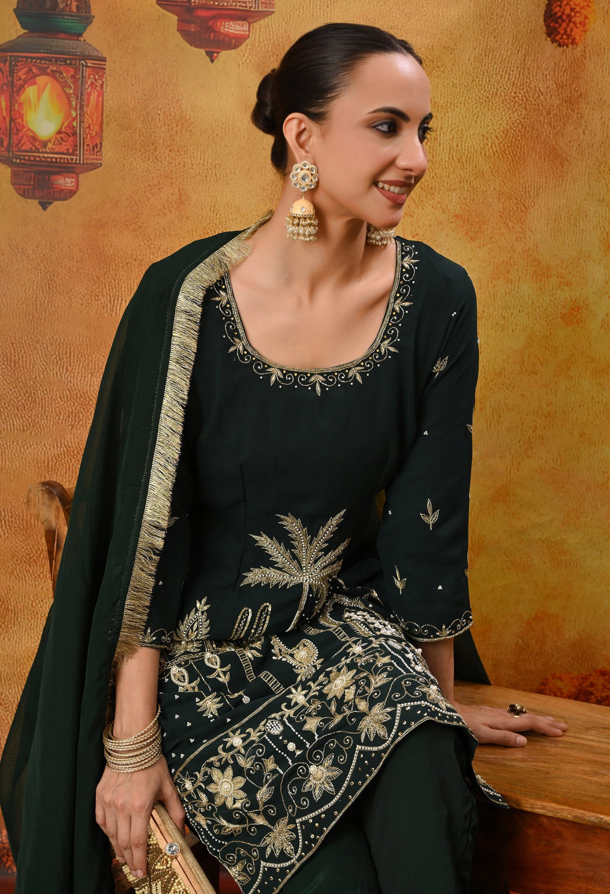 Bottle Green Kurta Set with Zardozi, Dabka, Sequin, Thread, and Pearl Work