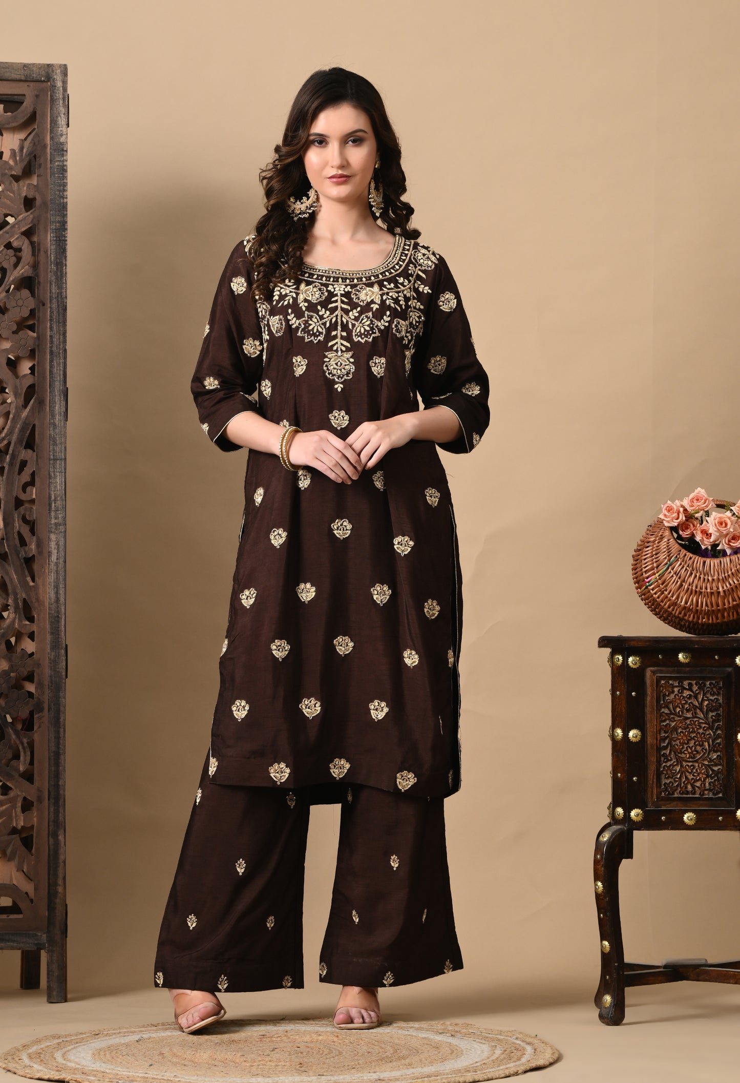 Chocolate Brown Kurta Set with Beautiful Zardozi, Tilla, and Sequin Work