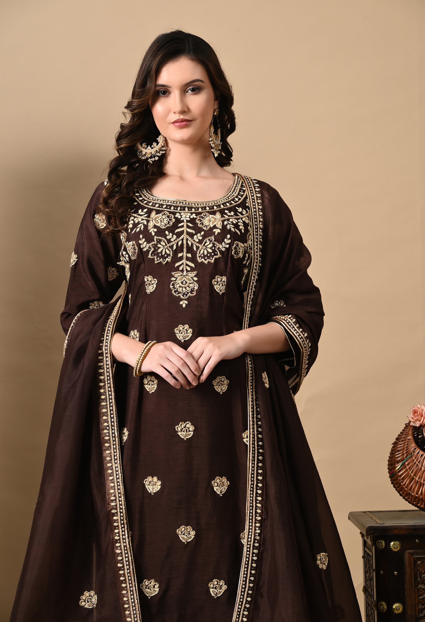 Chocolate Brown Kurta Set with Beautiful Zardozi, Tilla, and Sequin Work