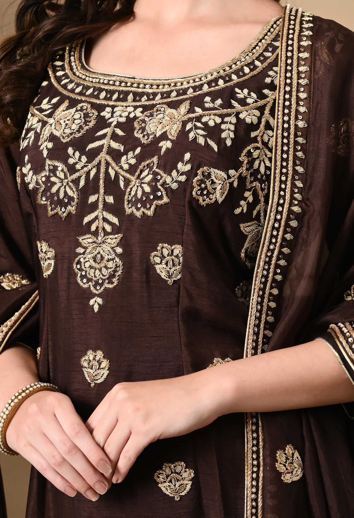 Chocolate Brown Kurta Set with Beautiful Zardozi, Tilla, and Sequin Work