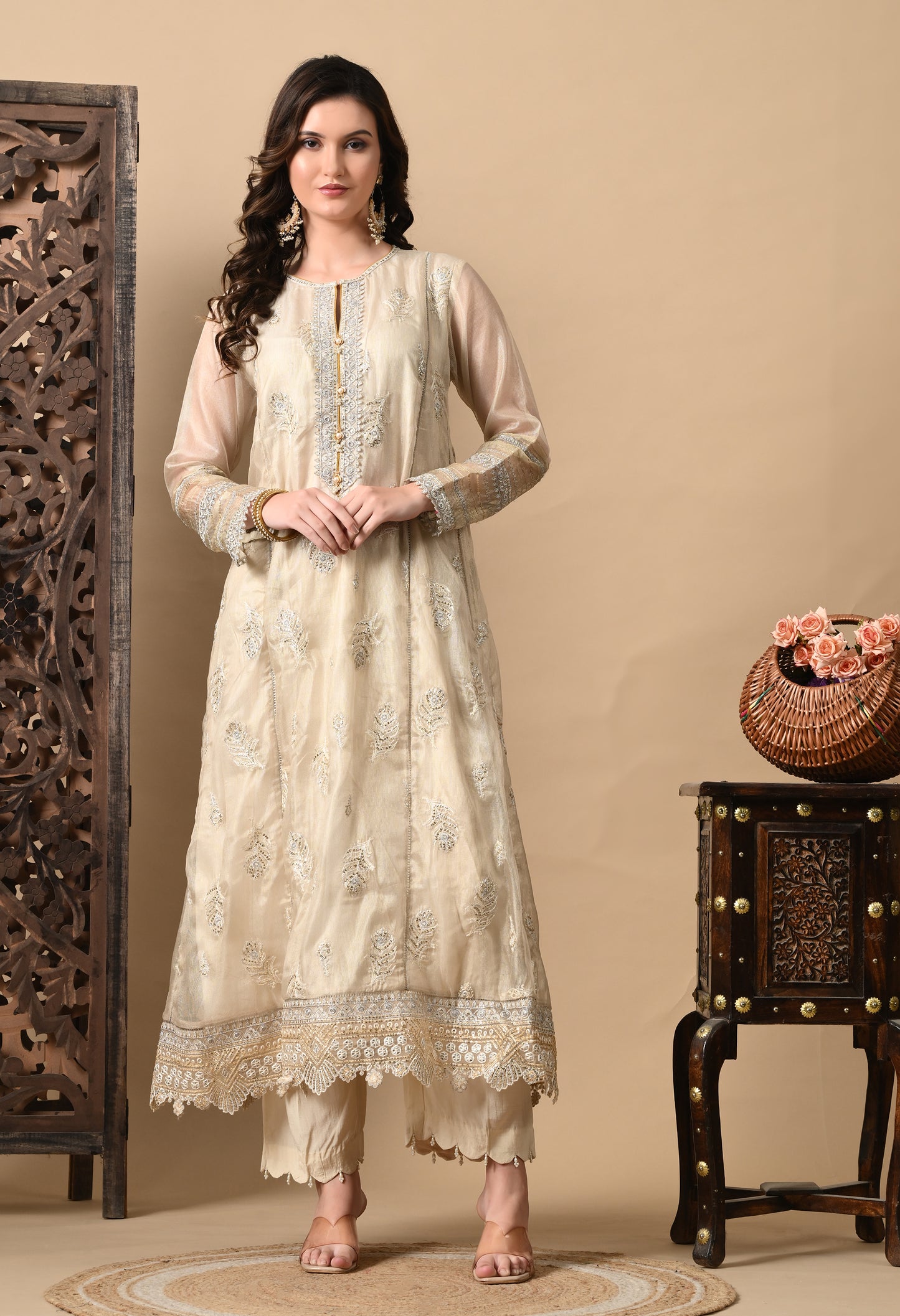 Light Cream Kurta Set with Beautiful Thread Work