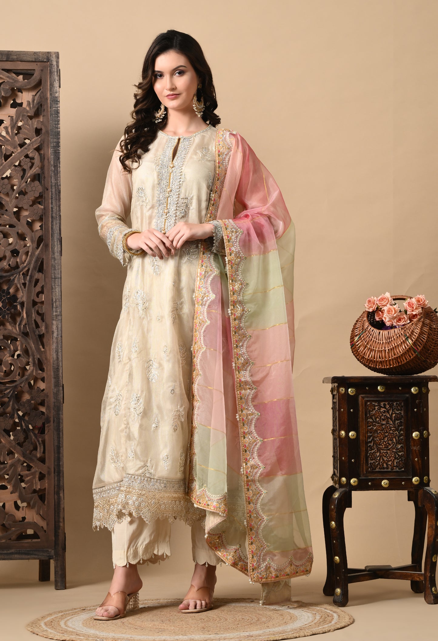 Light Cream Kurta Set with Beautiful Thread Work