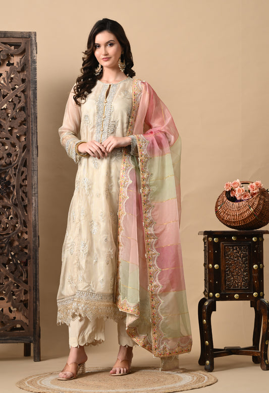Light Cream Kurta Set with Beautiful Thread Work