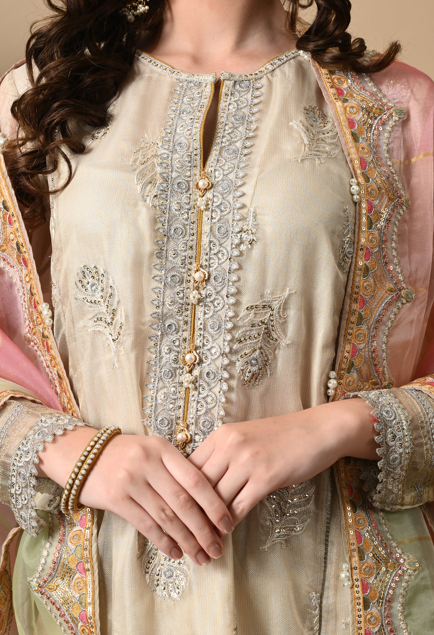 Light Cream Kurta Set with Beautiful Thread Work