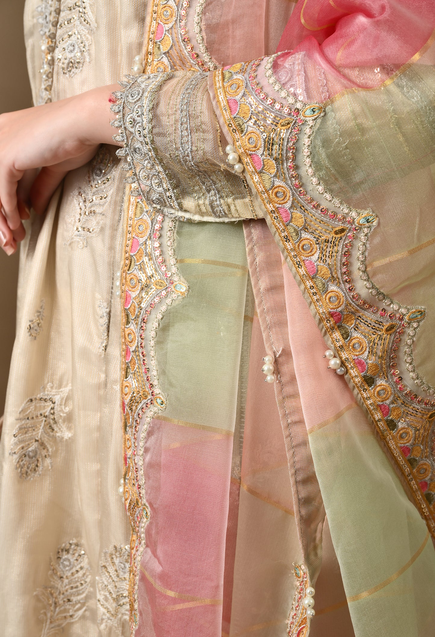 Light Cream Kurta Set with Beautiful Thread Work