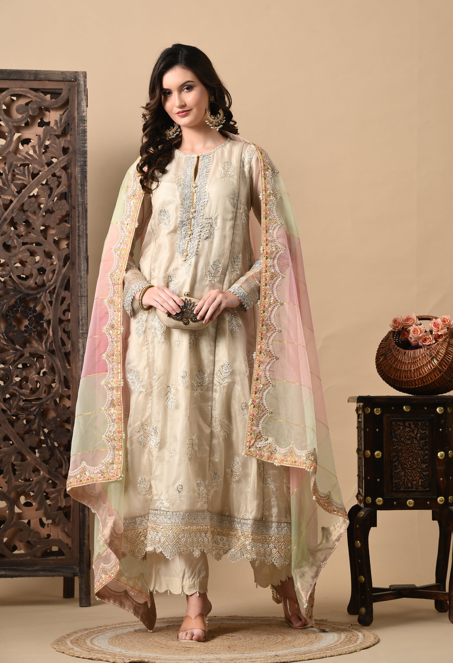 Light Cream Kurta Set with Beautiful Thread Work
