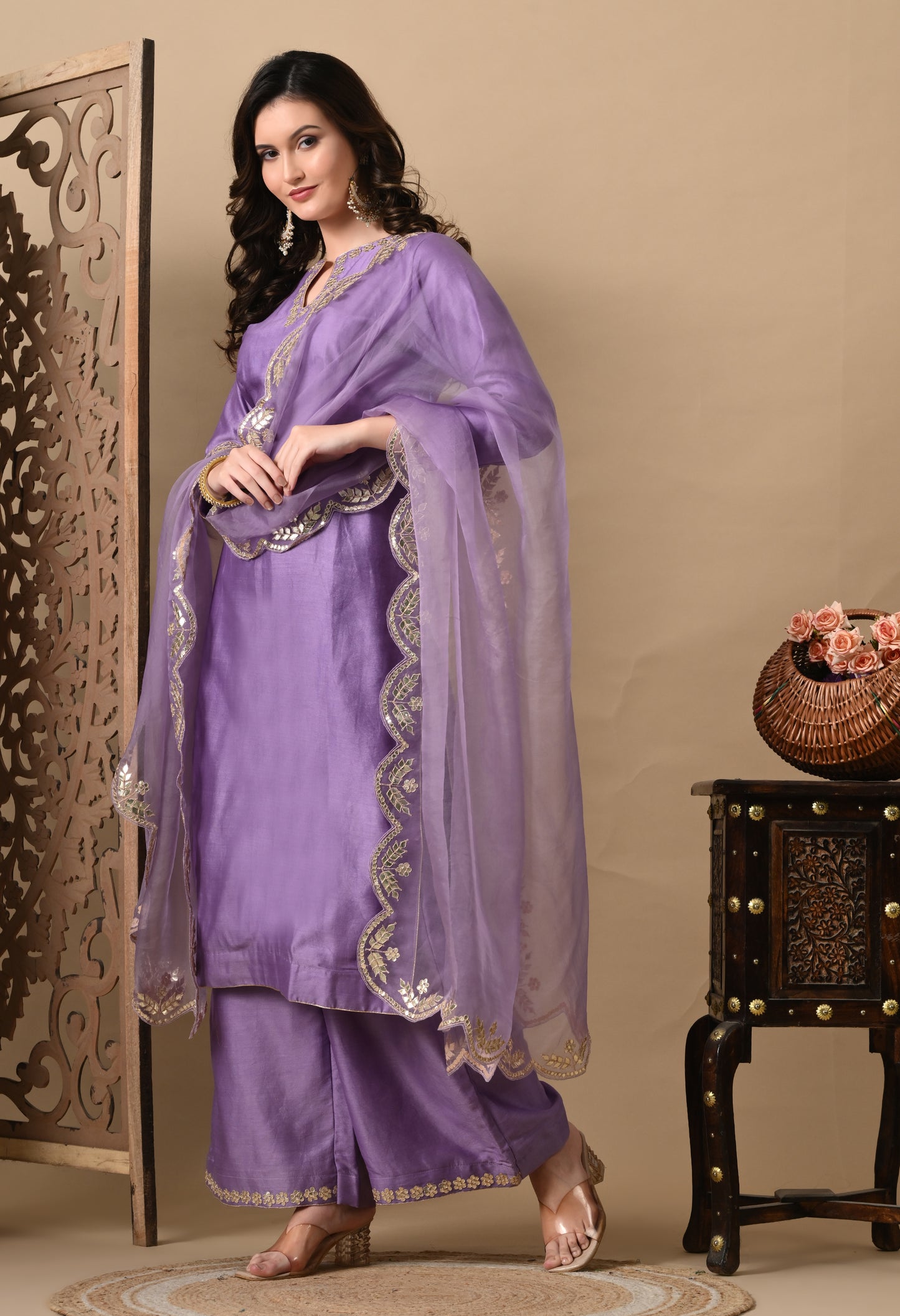 Elegant Orchid Purple Silk Kurta Set, Embellished with Exquisite Zardozi and Gotta Embroidery