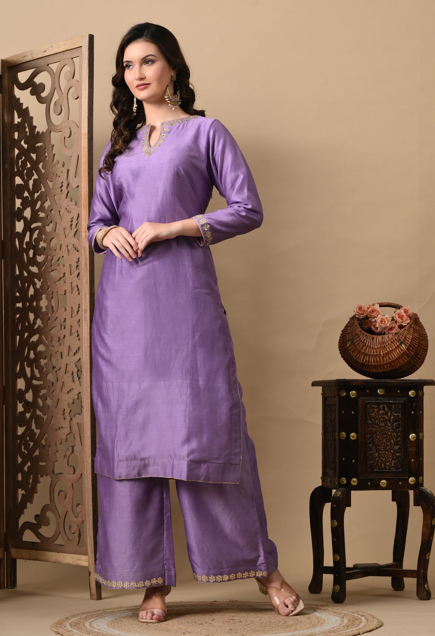 Elegant Orchid Purple Silk Kurta Set, Embellished with Exquisite Zardozi and Gotta Embroidery