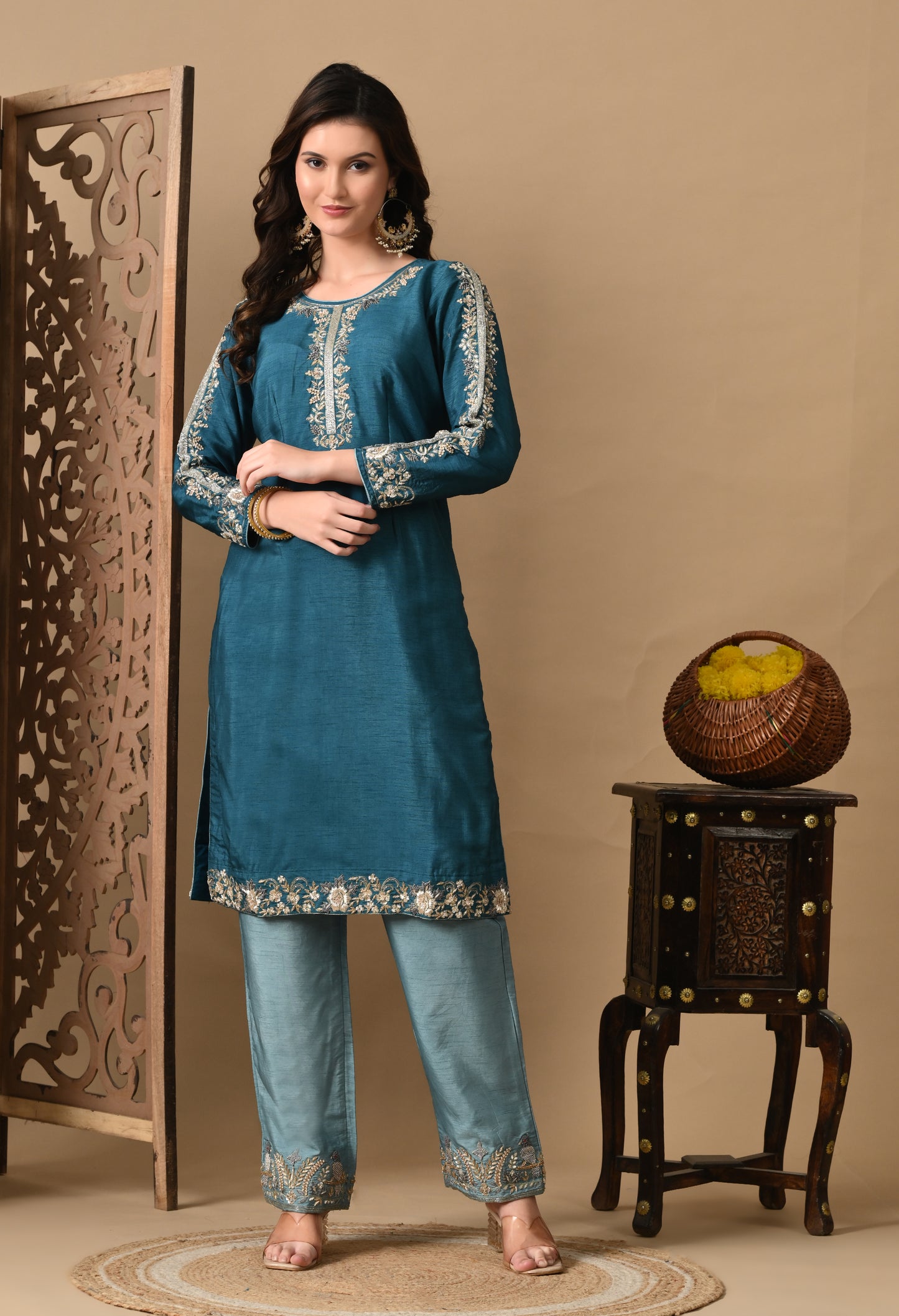 Regal Sky Blue Silk Kurta Set with Elegant Embroidery