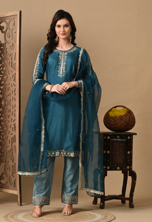 Regal Sky Blue Silk Kurta Set with Elegant Embroidery