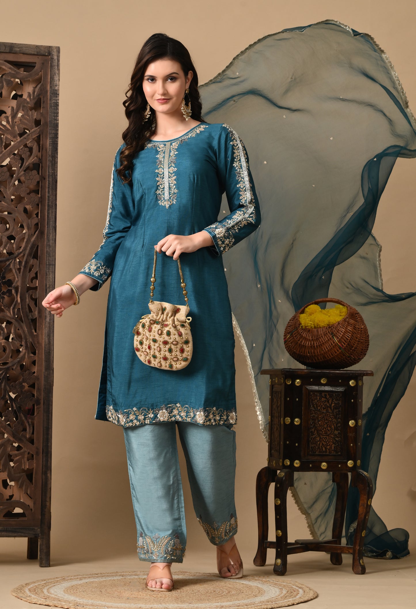 Regal Sky Blue Silk Kurta Set with Elegant Embroidery
