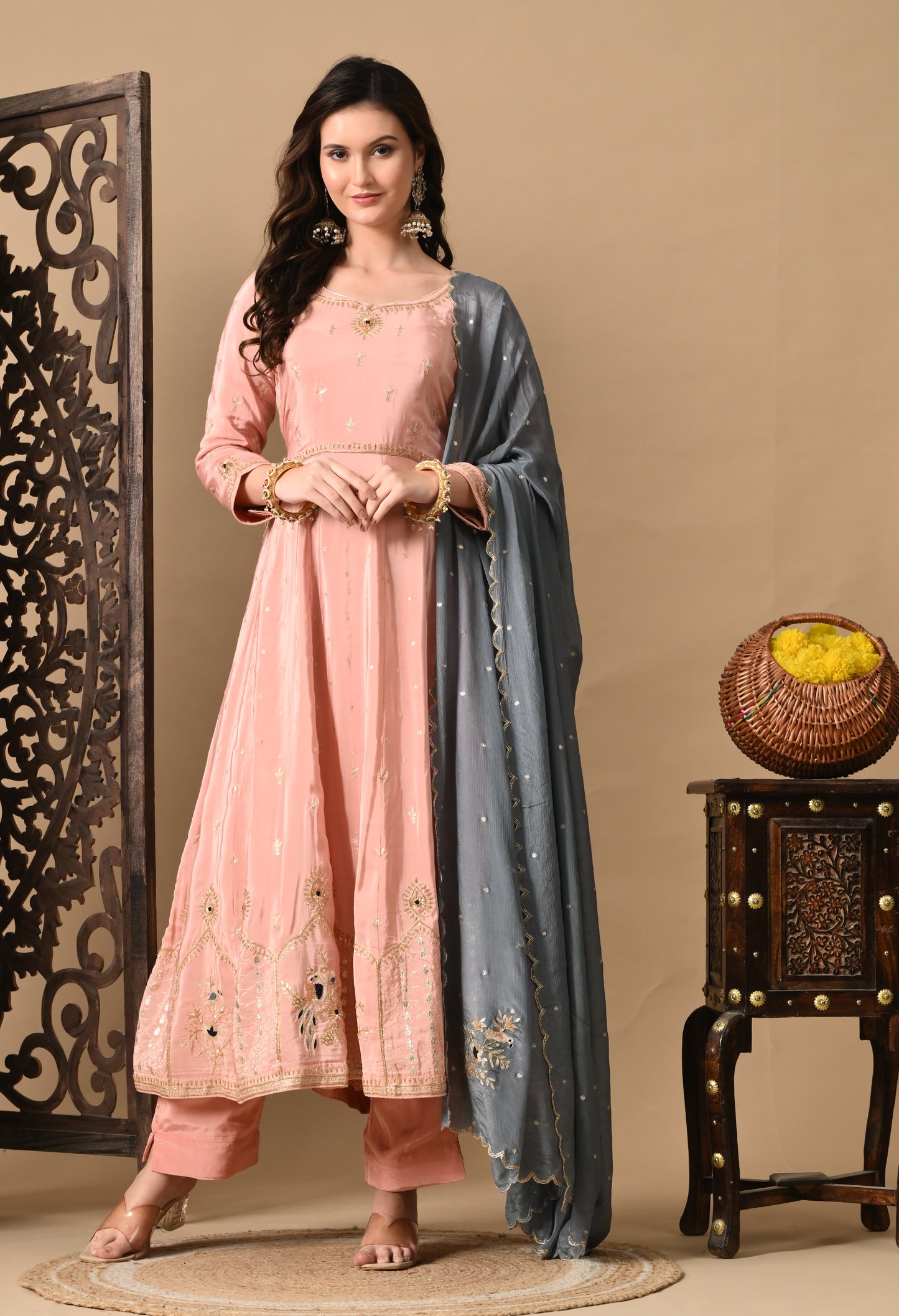 Mesmerising Peach Pink Anarkali Set with Intricate Zardozi Work