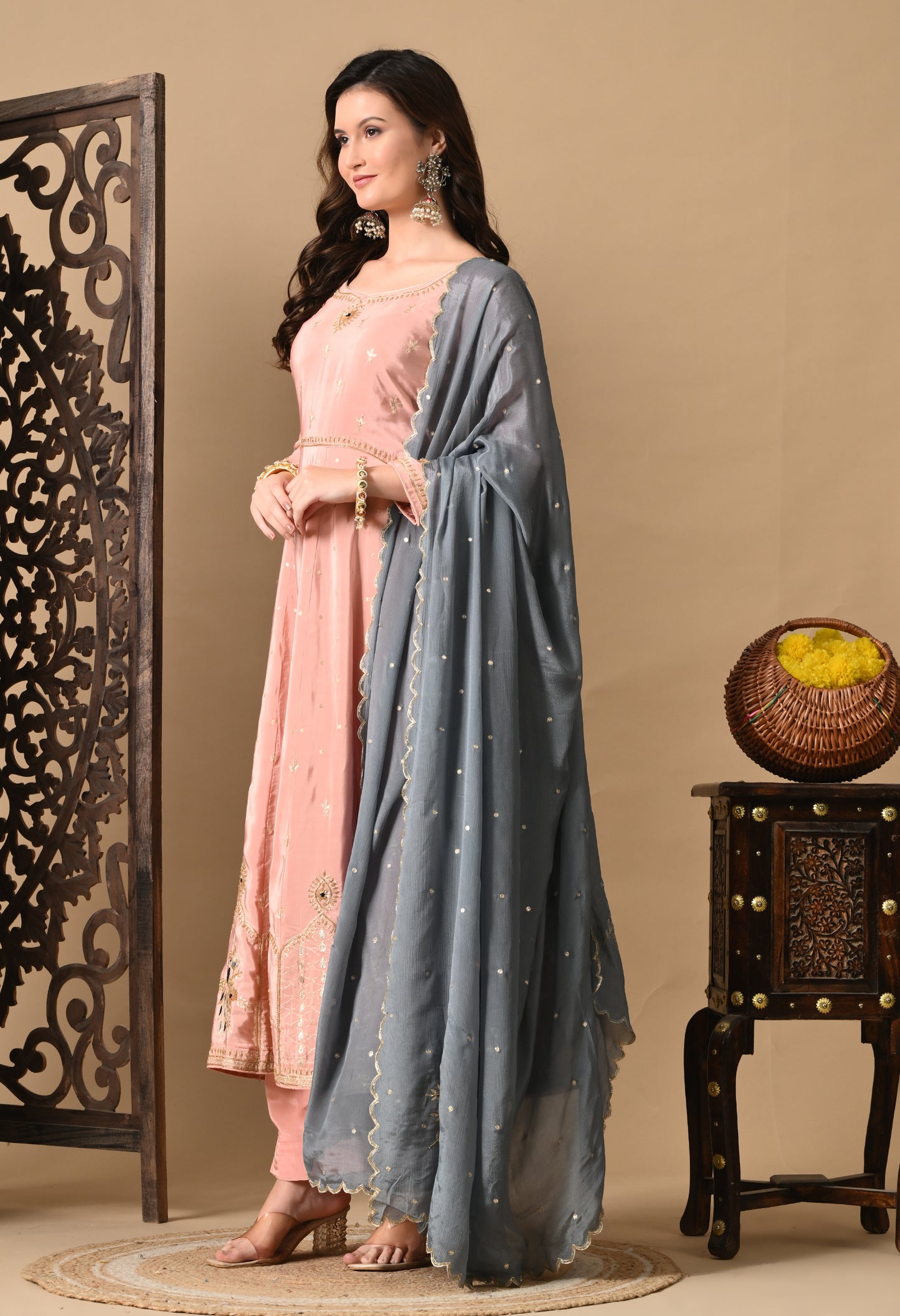 Mesmerising Peach Pink Anarkali Set with Intricate Zardozi Work