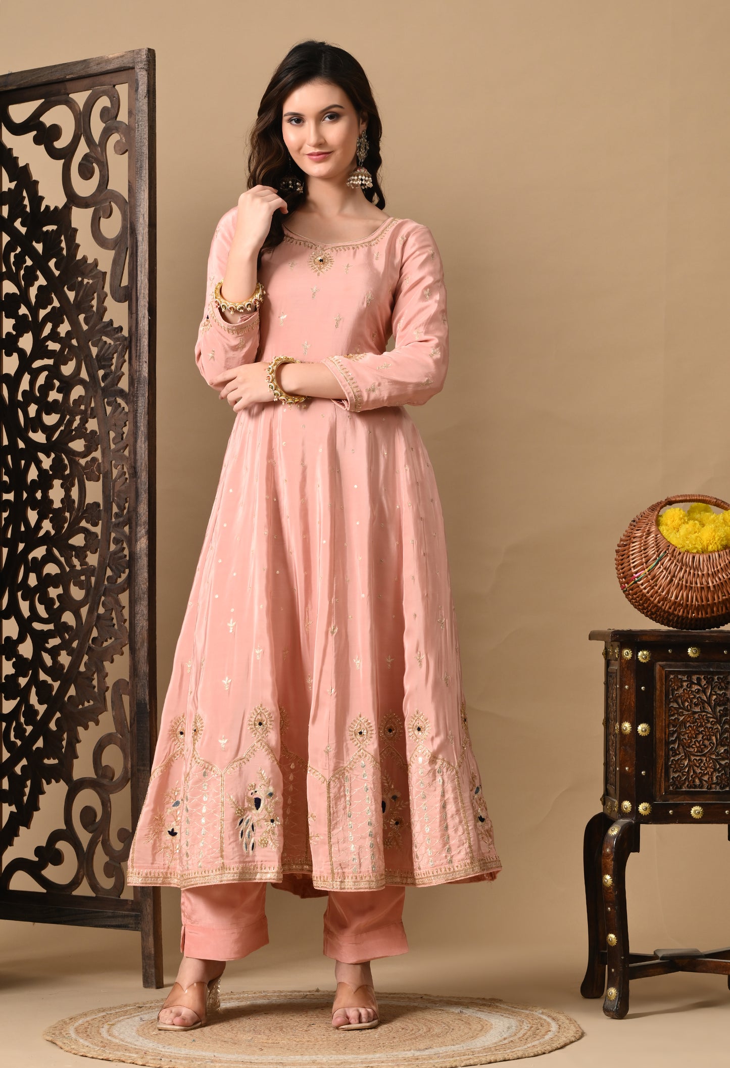 Mesmerising Peach Pink Anarkali Set with Intricate Zardozi Work