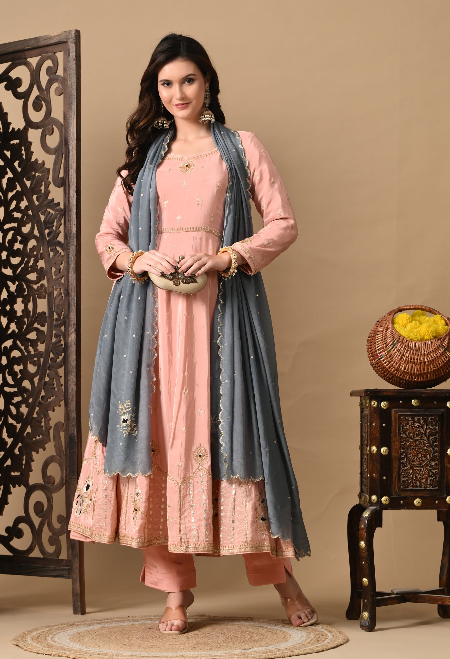 Mesmerising Peach Pink Anarkali Set with Intricate Zardozi Work
