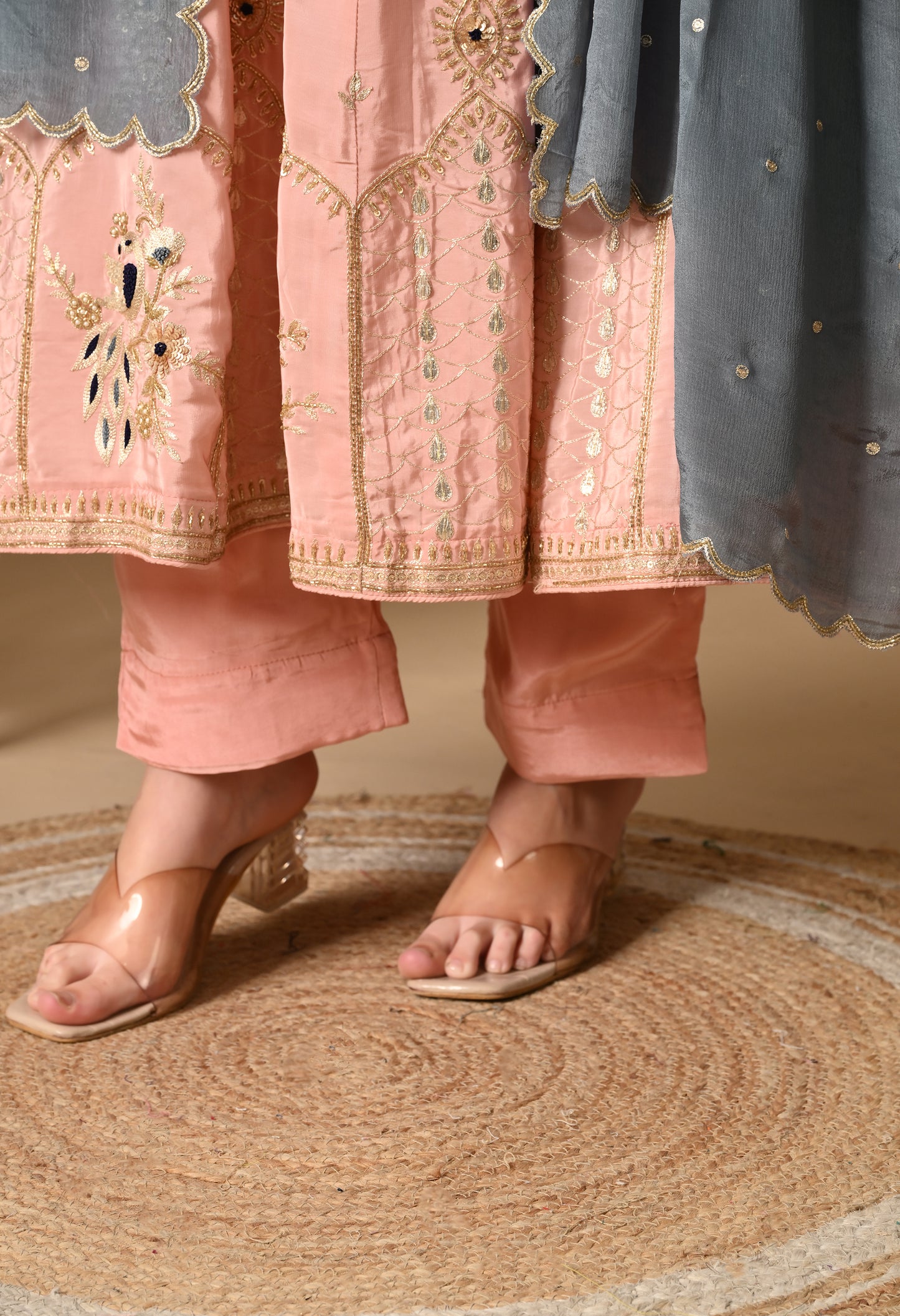Mesmerising Peach Pink Anarkali Set with Intricate Zardozi Work